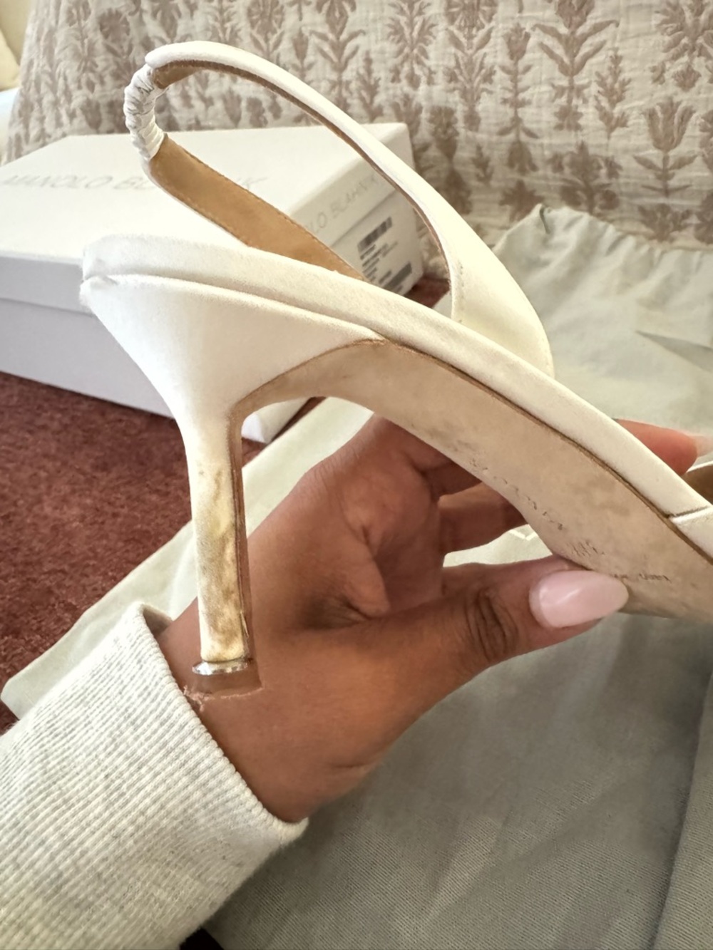 Manolo Blahnik White Satin Crystal-Embellished Slingback Pumps - Picture 7 of 13